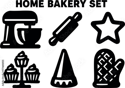 Home bakery set with kitchen mixer rolling pin cupcakes oven mitt and baking tools vector illustration