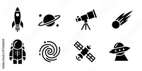 A set of cosmos icons. Various space-related objects and concepts, isolated on a white background.