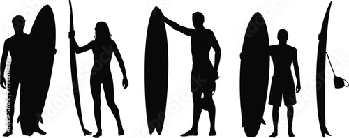 Silhouettes of surfers standing with surfboards in different poses, beach lifestyle, summer ocean sport vector illustration for stock content