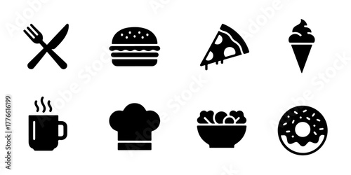A collection of black silhouette icons representing common food and restaurant concepts, including cutlery, a hamburger, pizza, and a chef's hat, arranged neatly on a white background.