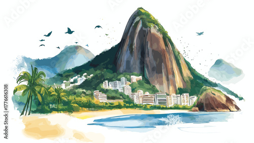 Sugarloaf Mountain. Sugarloaf Mountain hand drawn watercolor illustration