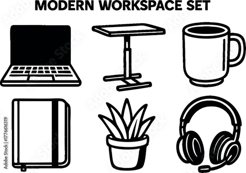 Modern workspace set with laptop, adjustable desk, coffee mug, notebook, potted plant, and headphones vector illustration