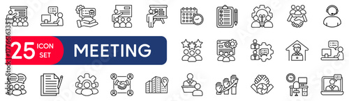 Meeting set of web icons in line style. vector illustration concept relate to conference, set, people, seminar, person, training, work, team, presentation