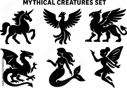Mythical creatures set with unicorn phoenix griffin dragon mermaid and fairy silhouettes vector illustration