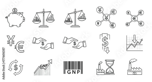 Economic symbols set with currency icons, bar graphs, and industry elements in line art style