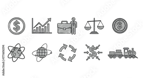 Monochrome business icons finance, growth, global trade, logistics, currency