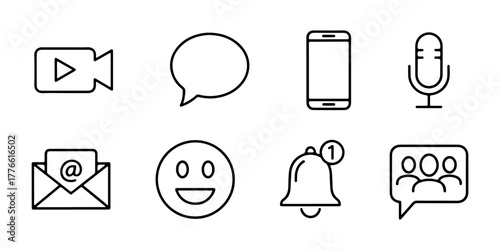 A set of communication line icons. This collection of outline icons represents digital interaction and messaging concepts, including a smartphone, chat bubble, microphone, and email.
