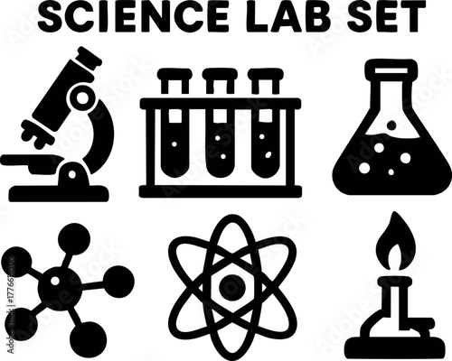 Science lab set vector icons with microscope test tubes flask atom molecule burner equipment design