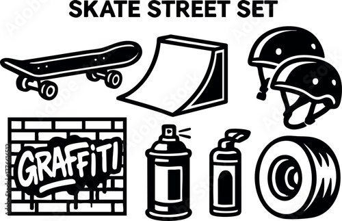 Skate street set with skateboard helmet graffiti spray cans tire and ramp vector illustration