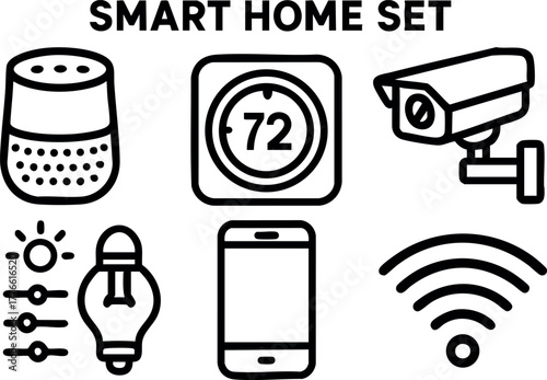 Smart home set icons with security camera thermostat light bulb smartphone and wifi vector technology design