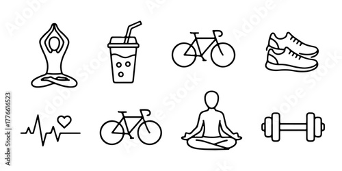 A set of healthy lifestyle line icons. This collection of outline icons represents fitness, wellness, and exercise concepts, including yoga, bicycle, sneakers, and a heartbeat.