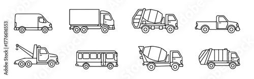 A set of outline icons depicting various service and commercial vehicles, suitable for transport themes.