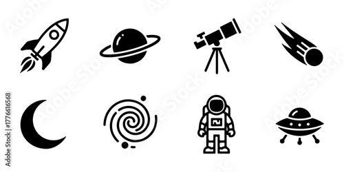 A set of cosmos icons. Various space-related objects and concepts, isolated on a white background.