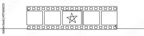 A continuous line art illustration of a film strip with a star. This minimalist monochrome drawing captures the essence of cinema and moviemaking with an elegant, flowing line.