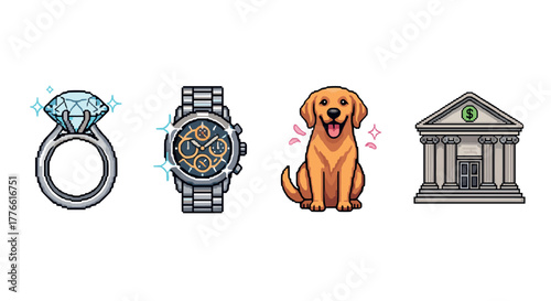 Pixel art icons engagement ring, wristwatch, happy dog, bank building