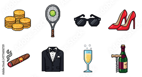 Luxury icons in pixel art style featuring fashion, wealth, and leisure elements