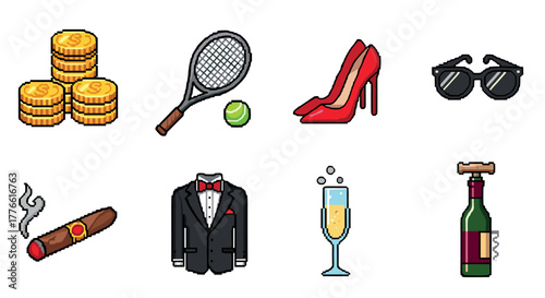 Pixel art luxury icons elegance and style in retro design