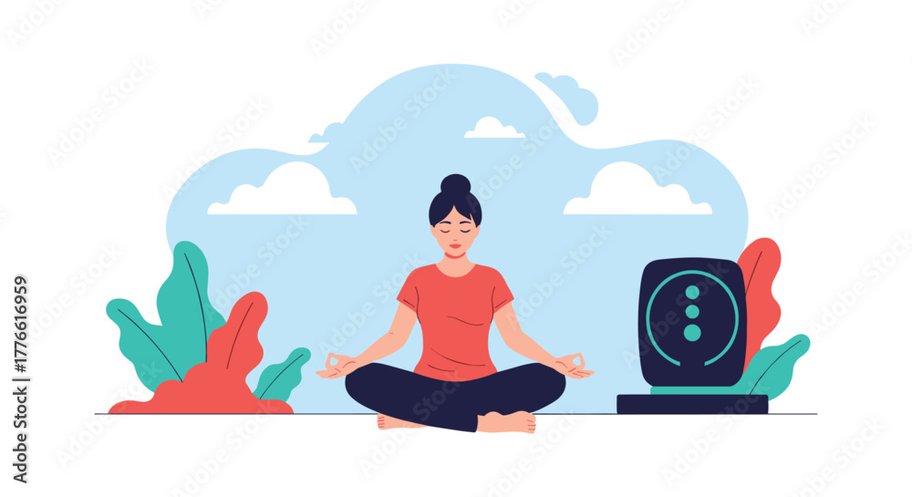 Fototapeta premium A woman practices meditation in a serene setting with plants and a digital device, symbolizing mindfulness and technology's role in well-being.