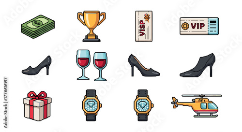 Luxurious pixel icons set money, trophy, vip access, fashion, helicopter, gift