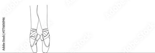 A continuous line drawing of a ballerina's feet en pointe in ballet shoes, conveying grace and elegance on a simple white background.