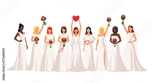 A diverse group of women in wedding dresses stands together, some holding bouquets and hearts, symbolizing love, unity, and celebration.