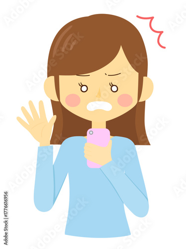 スマホを見て驚きイラっとする可愛い女性の上半身のイラスト