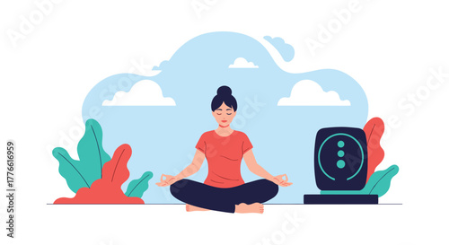 A woman practices meditation in a serene setting with plants and a digital device, symbolizing mindfulness and technology's role in well-being.