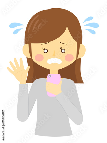スマホを見て困って焦っている可愛い女性の上半身のイラスト
