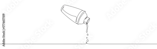 A continuous line drawing of a cocktail shaker tilted, with liquid pouring out into three drops, set against a clean white background.