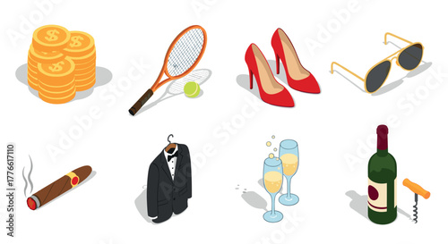 Isometric luxury icons cigars, fashion, and lifestyle essentials
