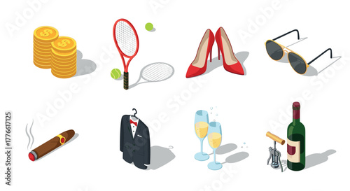 Isometric luxury icons tennis, fashion, fine wine, and more