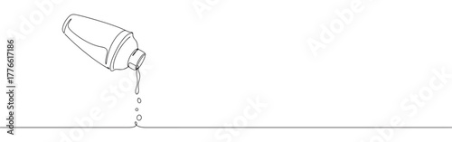 A continuous line drawing of a cocktail shaker tilted, with liquid pouring out into three drops, set against a clean white background.