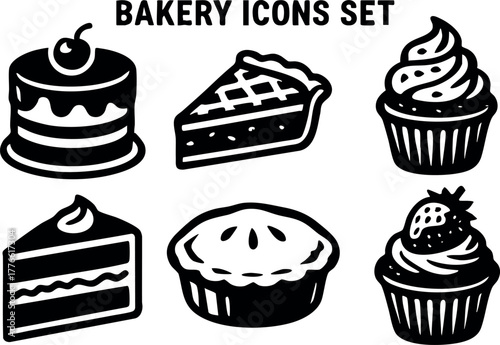 Bakery icons set with various cakes pies cupcakes and desserts for bakery branding and design purposes