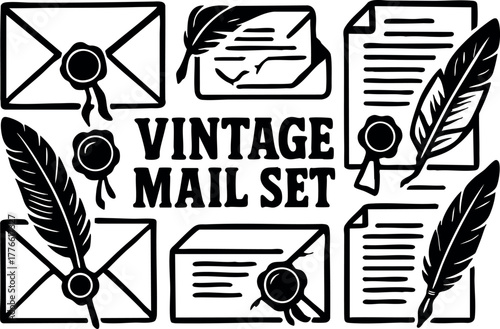 Vintage mail set with envelopes, letters, wax seals, and feather quills in classic black silhouette style