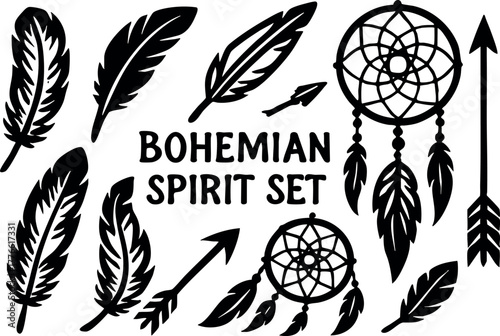Bohemian spirit feather arrow and dreamcatcher vector set for creative design and decoration projects