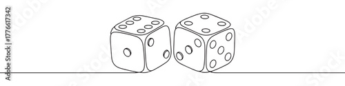 A continuous line drawing featuring two dice, symbolizing chance and gaming on a plain white background.