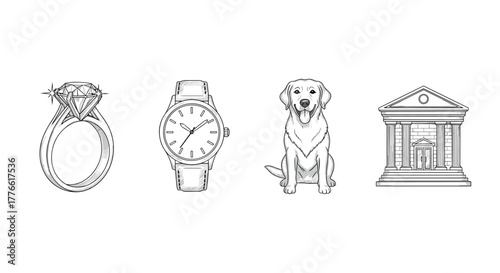 Precious ring, timeless watch, loyal dog, stately building detailed sketch collection