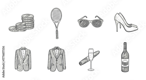 Hand drawn luxury icons fashion, finance, and lifestyle sketches