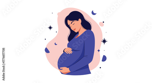 Serene pregnant woman tenderly cradling her baby bump, surrounded by abstract cosmic elements, symbolizing the magical journey of motherhood.