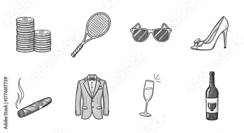Hand drawn luxury icons money, fashion, and leisure in elegantly sketched style