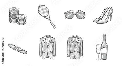 Elegant line art of fashion and leisure accessories for sophisticated lifestyle