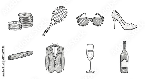 Elegant doodle icons of luxury items fashion, leisure, and lifestyle essentials