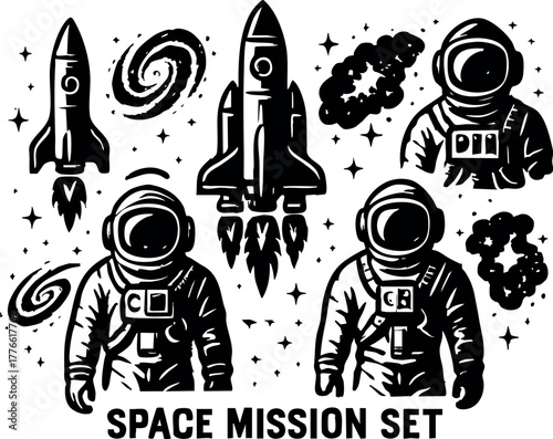 Space mission set with astronauts rockets galaxies and cosmic elements in black and white vector style