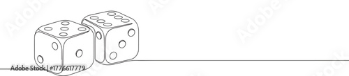 A continuous line drawing featuring two dice, symbolizing chance and gaming on a plain white background.