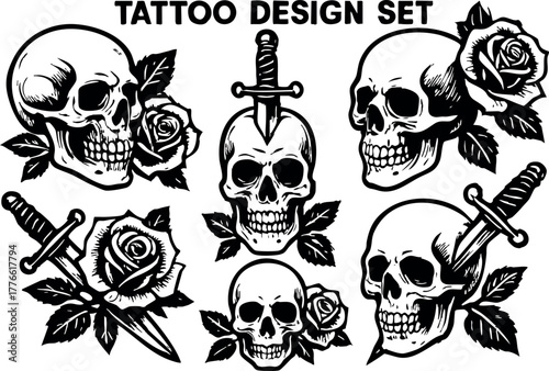 Skull and rose tattoo design set with daggers in black vector illustration for edgy body art and vintage style