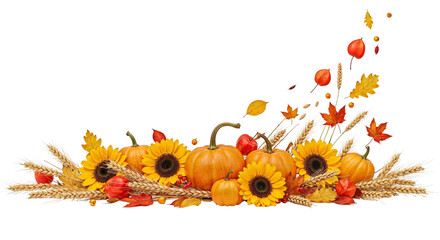 Autumnal arrangement of sunflowers, pumpkins, wheat, and colorful leaves isolated on transparent background creates a festive and inviting atmosphere, perfect for fallthemed designs and projects