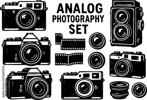 Analog photography set with vintage cameras film rolls and lenses vector collection for retro photo lovers