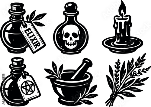 Magic potion bottles with elixir skull candle mortar pestle and herbs vector illustration in black and white style