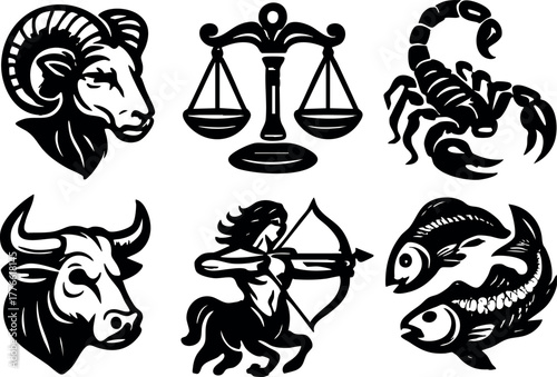 Zodiac signs Aries Taurus Libra Scorpio Sagittarius Pisces vector set for astrology design and mystical themes