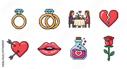 Pixel art romance icons rings, hearts, and symbols of love